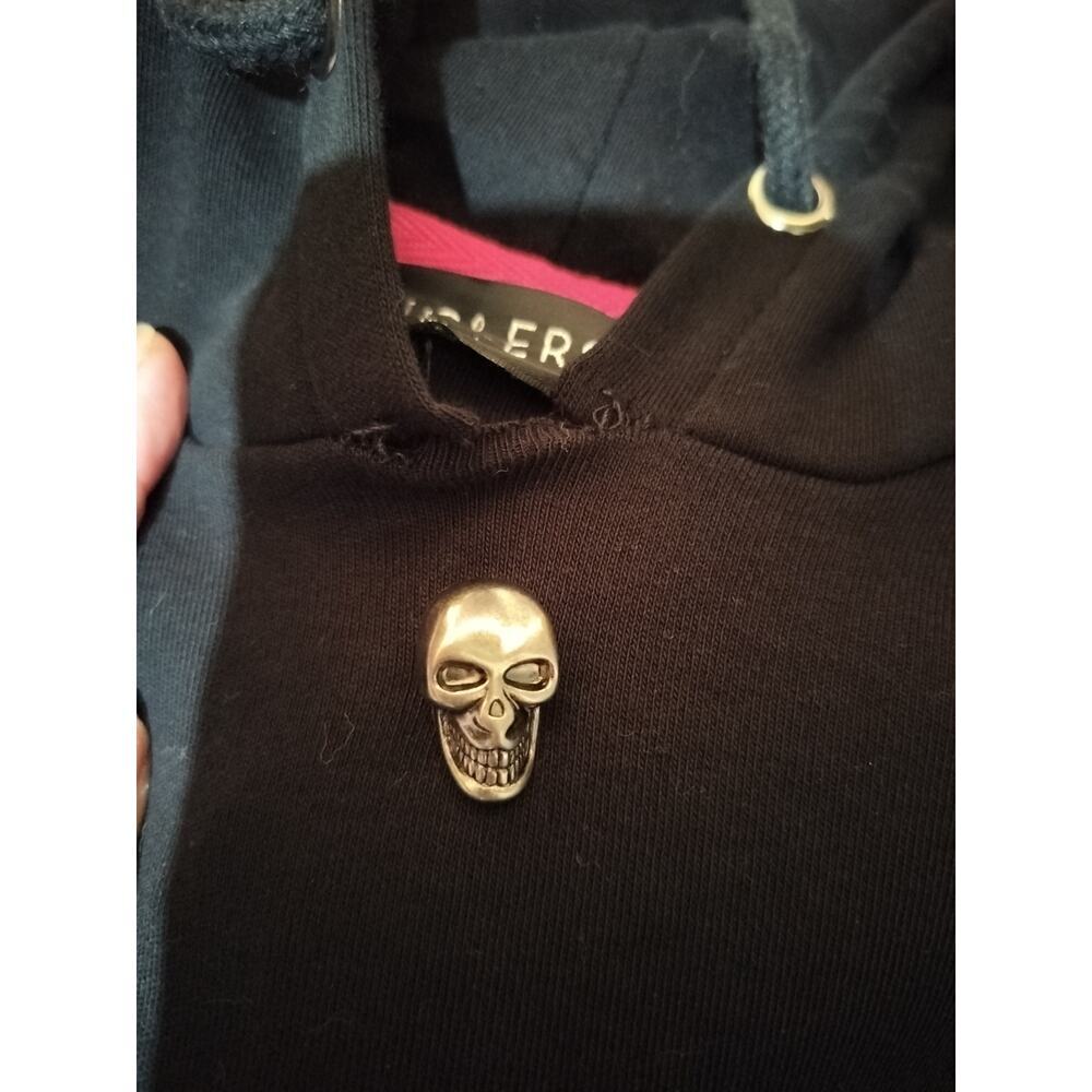 M526) Anglero NY Black Skull Pullover Cotton Leather Trim Hoodie Size XL - Picture 9 of 9